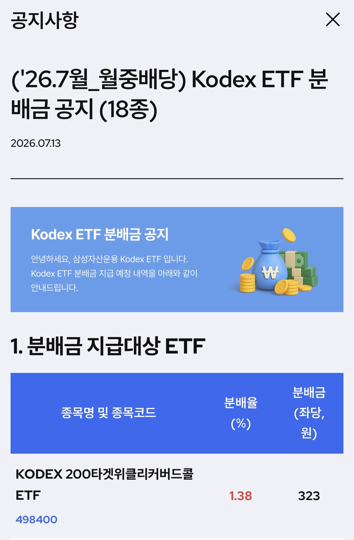 KODEX 200타겟위클리커버드콜 ETF498400, 2026년 7월중배당 공지